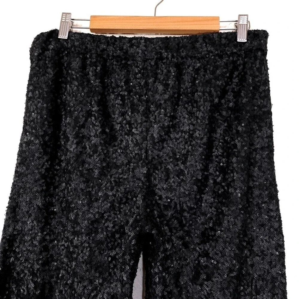 FREE PEOPLE Sequin Party Trouser Ankle Cropped Pull On Pants Black Small y2k